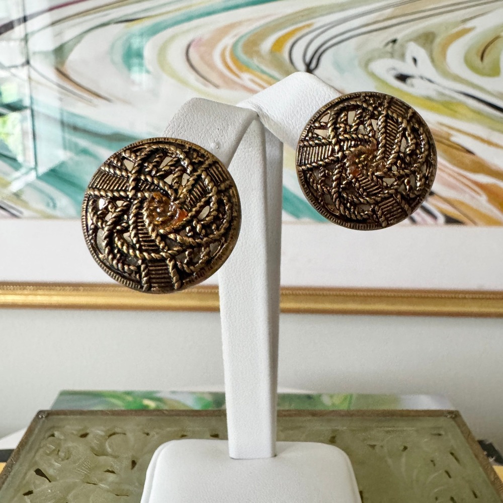 Vintage Filigree Bronze Tone Clip On Statement Earrings Round Woven Button Style